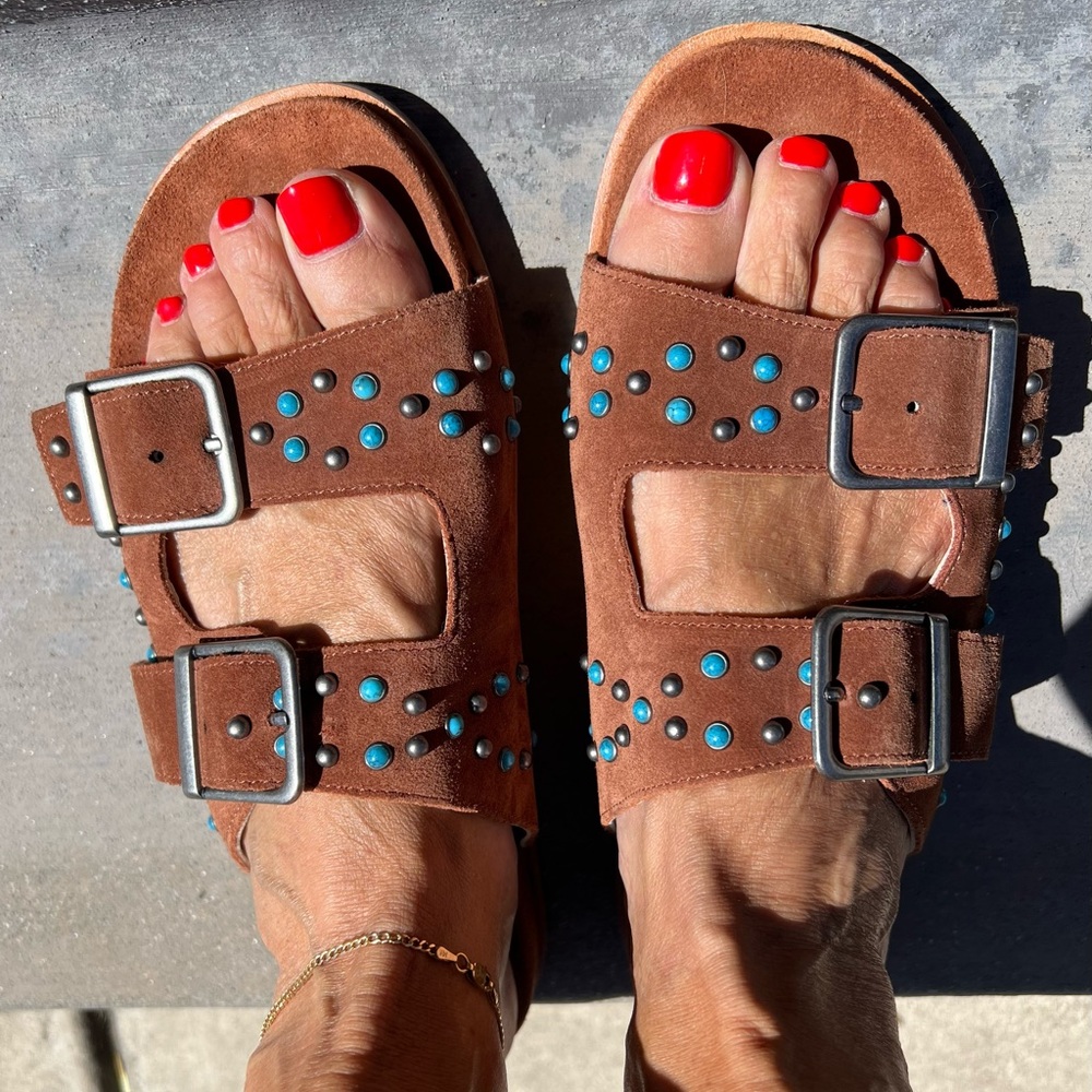 New Johnny Was Burkinstock Like Suede Turquoise & Silver Studs Double Buckle 8!